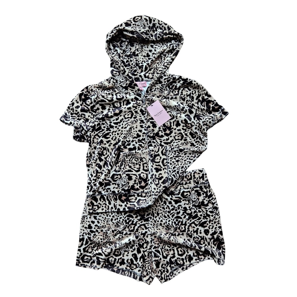 Juicy Couture Womens Ocelot Leopard Print Short Sleeve Hoodie & Shorts Set L NWT